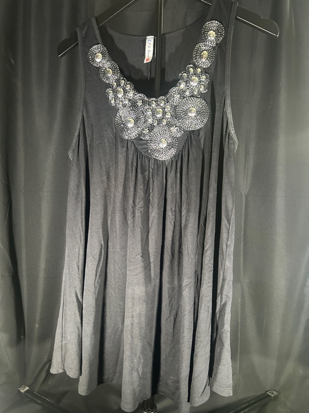 Embellished Black Tunic Top with Decorative Neckline
